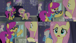 Size: 2000x1125 | Tagged: safe, edit, edited screencap, editor:quoterific, screencap, fluttershy, pursey pink, earth pony, pegasus, pony, fake it 'til you make it, g4, duo, duo female, female, floppy ears, mare