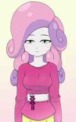 Size: 1394x2224 | Tagged: safe, artist:batipin, sweetie belle, human, equestria girls, g4, breasts, busty sweetie belle, clothes, digital art, female, looking at you, older, older sweetie belle, smiling, solo