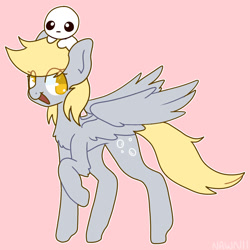 Size: 2000x2000 | Tagged: safe, artist:nawnii, derpy hooves, pegasus, pony, g4, autism creature, duo, eye clipping through hair, high res, looking left, open mouth, open smile, pink background, simple background, sitting on head, smiling, spread wings, wings