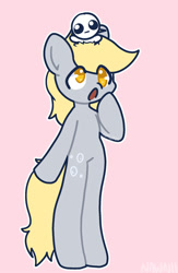 Size: 1300x2000 | Tagged: safe, artist:nawnii, derpy hooves, pegasus, semi-anthro, g4, arm hooves, autism creature, duo, pink background, simple background, sitting on head, standing on two hooves