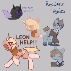 Size: 2048x2048 | Tagged: safe, artist:nawnii, alicorn, changeling, earth pony, pony, ashley graham, clothes, crossover, high res, leon s. kennedy, resident evil, resident evil 4, sweater, text