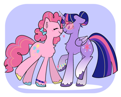 Size: 1280x1024 | Tagged: safe, artist:charmallows, pinkie pie, twilight sparkle, alicorn, earth pony, pony, g4, alternate hairstyle, boop, bracelet, chest fluff, cute, diapinkes, ear fluff, female, glasses, hair bun, heart, jewelry, lesbian, mare, noseboop, raised hoof, ship:twinkie, shipping, twiabetes, twilight sparkle (alicorn)