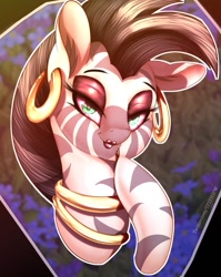 Size: 1002x1260 | Tagged: safe, artist:2fat2fly, zecora, zebra, g4, bust, ear fluff, ear piercing, earring, eyeshadow, female, hoof hold, jewelry, lidded eyes, lipstick, looking at you, makeup, mare, neck rings, needs more jpeg, piercing, solo
