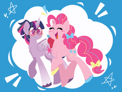 Size: 1280x960 | Tagged: safe, artist:charmallows, pinkie pie, twilight sparkle, alicorn, earth pony, pony, g4, blushing, chest fluff, duo, eyes closed, female, glasses, heart, heart eyes, lesbian, ship:twinkie, shipping, smiling, twilight sparkle (alicorn), wingding eyes