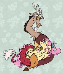 Size: 1736x2048 | Tagged: safe, artist:twelviebunnie, discord, fluttershy, draconequus, pegasus, pony, g4, blushing, duo, duo male and female, eye contact, female, flower, flower in hair, folded wings, looking at each other, looking at someone, male, mare, older, older fluttershy, ship:discoshy, shipping, simple background, smiling, smiling at each other, straight, wings