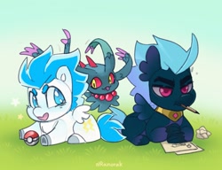 Size: 1403x1080 | Tagged: safe, artist:anoraknr, oc, oc:dark skroll, oc:storm chaser, poké ball, pokémon, simple background, trio