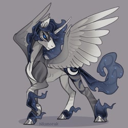 Size: 1080x1080 | Tagged: safe, artist:anoraknr, oc, oc only, oc:nighmare anoris, ethereal mane, gray background, long feather, male, offspring, parent:king sombra, parent:princess luna, parents:lumbra, simple background, solo, stallion, starry mane