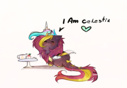 Size: 1533x1076 | Tagged: safe, artist:krissstudios, princess celestia, oc, oc only, oc:joshua, kirin, blushing, c:, cake, cheek fluff, chest fluff, chibi, clothes, cosplay, costume, cup, cute, dialogue, ear fluff, eyes closed, fake wings, fluffy, food, heart, leonine tail, male, neck fluff, ocbetes, raised hoof, simple background, smiling, smol, solo, table, tail, teacup, teapot, white background, wig