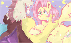 Size: 732x443 | Tagged: safe, artist:aimishix, discord, fluttershy, draconequus, pegasus, pony, g4, crying, duo, female, looking at each other, looking at someone, male, mare, sad, ship:discoshy, shipping, spread wings, straight, teary eyes, unshorn fetlocks, wings