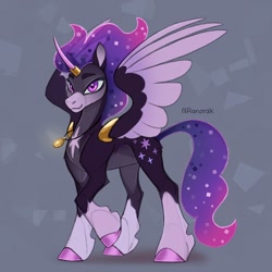 Size: 1080x1080 | Tagged: safe, artist:anoraknr, twilight sparkle, alicorn, pony, g4, amulet, eyebrows, female, horn, horn ring, jewelry, looking at you, mare, raised hoof, redesign, ring, signature, simple background, smiling, smiling at you, solo, spread wings, twilight sparkle (alicorn), wings