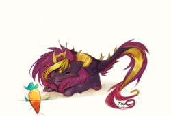 Size: 1724x1172 | Tagged: safe, artist:krissstudios, oc, oc only, oc:joshua, kirin, :p, blushing, butt fluff, carrot, chest fluff, chibi, cute, ear fluff, eyes closed, fluffy, food, leonine tail, lying down, ocbetes, prone, simple background, smol, solo, tail, tail fluff, tongue out, white background