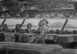 Size: 3666x2583 | Tagged: safe, artist:eggmusubi, derpibooru exclusive, earth pony, pony, chair, clothes, grayscale, hat, high res, monitor, monochrome, ocean, pencil drawing, traditional art, uniform, water, window