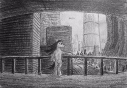 Size: 3612x2521 | Tagged: safe, artist:eggmusubi, derpibooru exclusive, earth pony, pony, semi-anthro, airship, arm hooves, building, city, cityscape, female, high res, railing, road, tower