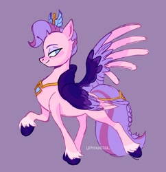 Size: 1746x1801 | Tagged: safe, artist:lemonadierpixel, queen haven, pegasus, pony, g5, my little pony: a new generation, colored wings, jewelry, multicolored wings, raised hoof, regalia, side view, unshorn fetlocks, wings