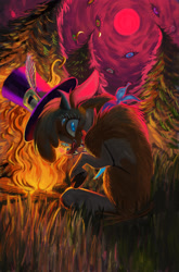 Size: 1723x2613 | Tagged: safe, artist:beherelongtime, arizona (tfh), oc, oc:craz, cow, them's fightin' herds, bandana, campfire, community related, feather, grass, hat, moon, multiple eyes, top hat, tree