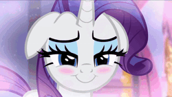 Size: 600x338 | Tagged: safe, artist:georgegarza01, rarity, spike, dragon, pony, unicorn, no excuse for the heart, g4, animated, blushing, close-up, cute, eye shimmer, fan animation, female, fingers together, floppy ears, grin, lidded eyes, looking at each other, looking at someone, love, male, nervous, nervous smile, raribetes, reference, ship:sparity, shipping, show accurate, smiling, spikabetes, straight, youtube link