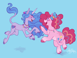 Size: 1680x1280 | Tagged: safe, artist:heebiejeebies, izzy moonbow, pinkie pie, earth pony, pony, unicorn, g4, g5, blue background, bow, bracelet, chubby, cross-generational shipping, female, friendship bracelet, hair bow, izzy and her heroine, jewelry, lesbian, necklace, physique difference, prancing, redesign, ship:izzypie, shipping, simple background, slender, thin