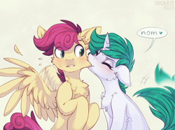 Size: 2690x2000 | Tagged: safe, artist:trickate, oc, oc only, oc:hazel, oc:wallparty, pegasus, pony, unicorn, cheek bite, chest fluff, commission, eye clipping through hair, eyes closed, female, high res, horn, male, mare, nom, oc x oc, pegasus oc, shipping, simple background, sitting, solo, speech bubble, stallion, straight, sweat, tail, tail wag, unicorn oc, ych result