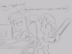 Size: 2310x1746 | Tagged: safe, artist:dtcx97, button mash, sweetie belle, earth pony, pony, unicorn, g4, bipedal, computer, duo, female, filly, foal, male, monochrome, wood
