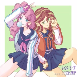 Size: 4093x4093 | Tagged: dead source, safe, artist:子轩敲可耐呀, pinkie pie, sunset shimmer, human, g4, bubblegum, clothes, duo, duo female, female, food, gum, humanized, looking at you, school uniform, smiling, smiling at you