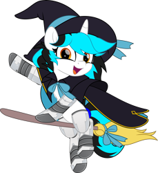 Size: 4242x4626 | Tagged: safe, oc, oc only, oc:flawless ice, cyborg, pony, unicorn, broom, cape, clothes, female, hat, simple background, solo, transparent background, witch, witch hat