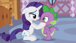 Size: 600x338 | Tagged: safe, artist:georgegarza01, rarity, spike, dragon, pony, unicorn, no excuse for the heart, g4, age difference, animated, blushing, cute, duo, eye shimmer, fan animation, female, floppy ears, giggling, heart, hooves on cheeks, kissing, male, nose kiss, raribetes, ship:sparity, shipping, show accurate, sitting, smiling, spikabetes, straight, winged spike, wings