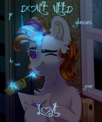 Size: 2500x3000 | Tagged: safe, artist:medkit, oc, oc only, oc:wilson hugh, pony, unicorn, accessory, blue light, chair, colored eyebrows, colored hooves, colored pupils, complex background, dark, digital art, ear fluff, ears up, english, eyebrows, fluffy, freckles, glasses off, gritted teeth, half body, heart shaped, high res, horn, horseshoes, looking at you, magic, male, multicolored mane, old art, one eye closed, paint tool sai 2, paper, pattern, png, rain, raised hooves, shelf, short mane, smiling, smiling at you, solo, stallion, sternocleidomastoid, teeth, telekinesis, thick eyebrows, three quarter view, title, unicorn oc, unshorn fetlocks, wall of tags, wallpaper, window, wink, winking at you
