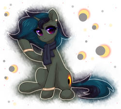 Size: 2556x2300 | Tagged: safe, artist:avrameow, oc, oc only, oc:astrum solus, pony, unicorn, clothes, ear piercing, earring, eyeshadow, female, high res, horn, jewelry, leg rings, looking at you, makeup, mare, no source available, piercing, scarf, sitting, solo, unicorn oc