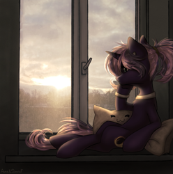 Size: 1733x1749 | Tagged: safe, artist:avrameow, oc, oc only, oc:tenebris flux, pony, unicorn, ear piercing, earring, horn, jewelry, leg rings, looking out the window, no source available, piercing, pillow, ponytail, real life background, solo, unicorn oc, window