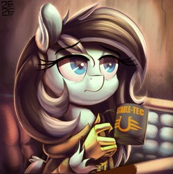 Size: 1985x2000 | Tagged: safe, artist:2fat2fly, oc, oc only, oc:harmonic glow, hippogriff, fallout equestria, clothes, coffee mug, commission, ear fluff, female, hand, mug, solo, stable-tec