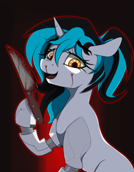 Size: 2731x3500 | Tagged: safe, oc, oc:flawless ice, cyborg, pony, unicorn, blood, commission, high res, knife, solo, yandere, ych result