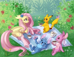 Size: 2048x1587 | Tagged: safe, artist:fixhiara1, fluttershy, pegasus, pikachu, pony, g4, angel (lilo and stitch), blanket, clothes, crossover, cute, female, flower, flower in hair, food, lilo and stitch, pokémon, shyabetes, socks, stitch, tea