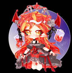 Size: 558x566 | Tagged: dead source, safe, artist:子轩敲可耐呀, sunset shimmer, human, undead, vampire, g4, black background, blood bag, blushing, chibi, costume, elf ears, female, goth, humanized, simple background, solo, vampire shimmer