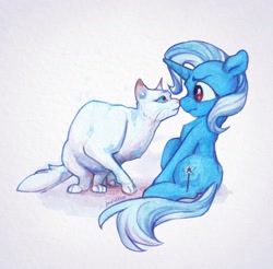 Size: 1648x1620 | Tagged: safe, artist:jewellier, trixie, cat, pony, unicorn, boop, looking at each other, looking at someone, noseboop, simple background, tiny, tiny ponies