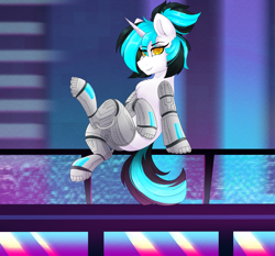 Size: 2173x2028 | Tagged: safe, artist:dusk feather, oc, oc:flawless ice, cyborg, pony, unicorn, city, cyberpunk, high res, railing, solo