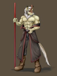 Size: 1350x1800 | Tagged: safe, artist:d-lowell, oc, oc only, kirin, anthro, boots, braid, brown background, clothes, male, muscles, muscular male, partial nudity, robe, shoes, simple background, solo, staff, topless