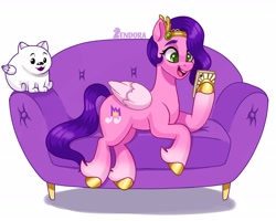 Size: 2048x1638 | Tagged: safe, artist:zendora, cloudpuff, pipp petals, dog, flying pomeranian, pegasus, pomeranian, pony, g5, adorapipp, cellphone, couch, cute, duo, female, happy, jewelry, male, mare, open mouth, open smile, phone, simple background, smartphone, smiling, tiara, white background, winged dog, wings