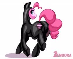 Size: 2048x1638 | Tagged: safe, artist:zendora, pinkie pie, earth pony, pony, g4, balloonbutt, butt, catsuit, clothes, latex, latex suit, looking back, plot, raised hoof, simple background, solo, torn clothes, white background