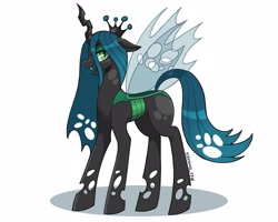 Size: 2048x1638 | Tagged: safe, artist:zendora, queen chrysalis, changeling, changeling queen, crown, female, jewelry, lidded eyes, open mouth, open smile, profile, regalia, shadow, signature, simple background, smiling, solo, transparent wings, white background, wings