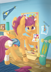 Size: 2480x3508 | Tagged: safe, artist:playful wings, derpibooru exclusive, apple bloom, mane allgood, rainbow dash, scootaloo, snap shutter, sweetie belle, pegasus, pony, g4, alternate, bandaid, bandaid on nose, brush, cutie mark crusaders, diaper, diaper fetish, feather, fetish, hairbrush, high res, mirror, non-baby in diaper, pennant, photo, picture frame, pullup (diaper), reflection, skateboard, spread wings, sticker, tail, tail hole, underhoof, wings, wonderbolts, wrench