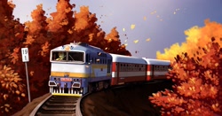 Size: 2860x1500 | Tagged: safe, artist:28gooddays, oc, oc only, oc:beamshot, earth pony, pony, autumn, detailed background, leaves, locomotive, railroad, scenery, solo, train