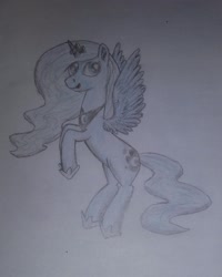 Size: 1804x2256 | Tagged: safe, artist:flammerfime, princess luna, alicorn, pony, g4, :p, cute, ethereal mane, ethereal tail, flying, lunabetes, mlem, silly, solo, tail, tongue out, traditional art