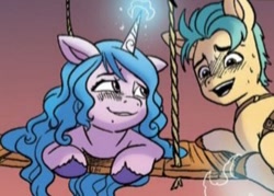 Size: 340x243 | Tagged: safe, idw, official comic, hitch trailblazer, izzy moonbow, earth pony, pony, unicorn, g5, spoiler:comic, spoiler:g5comic, spoiler:g5comic09, comic, duo, duo male and female, female, magic, male, mare, out of context, stallion, sweat, unshorn fetlocks