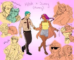 Size: 2048x1670 | Tagged: safe, artist:withlove_maria_, hitch trailblazer, sparky sparkeroni, sunny starscout, alicorn, human, g5, duo, duo male and female, female, hug, humanized, kissing, long hair, male, multicolored hair, race swap, rainbow hair, sheriff, ship:starblazer, shipping, simple background, straight, sunglasses, sunnycorn