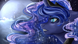 Size: 1920x1080 | Tagged: safe, artist:nagibahka14, princess luna, alicorn, pony, g4, blue eyes, blue mane, colored pupils, crown, digital art, ethereal mane, eyelashes, female, flowing mane, horn, jewelry, mare, moon, night, peytral, regalia, sky, solo, sparkles, starry mane, stars, teeth