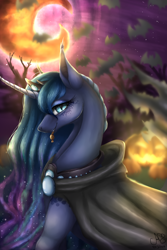 Size: 1000x1500 | Tagged: safe, artist:alissa1010, princess luna, alicorn, bat, pony, g4, blue eyes, blue mane, candy, cape, clothes, crepuscular rays, crescent moon, curved horn, cute, digital art, ethereal mane, eyelashes, eyeshadow, female, flowing mane, food, glowing, halloween, holiday, horn, lidded eyes, looking at you, makeup, mare, moon, moonlight, night, nightmare night, pumpkin, smiling, smiling at you, solo, starry mane, stars