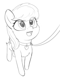 Size: 1503x1959 | Tagged: safe, artist:zippysqrl, octavia melody, earth pony, pony, g4, chest fluff, collar, female, grayscale, happy, high angle, leash, looking up, monochrome, open mouth, pet, pet collar, pony pet, simple background, sketch, solo, white background