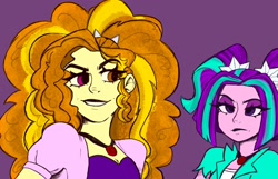 Size: 1972x1272 | Tagged: safe, artist:indigohatetrain, adagio dazzle, aria blaze, human, equestria girls, g4, duo, female, purple background, simple background