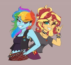 Size: 1785x1640 | Tagged: safe, artist:indigohatetrain, rainbow dash, sunset shimmer, human, equestria girls, g4, choker, clothes, duo, female, simple background, spiked choker