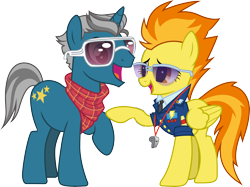 Size: 5534x4139 | Tagged: safe, artist:cloudy glow, artist:dusk2k, edit, vector edit, fashion plate, spitfire, pegasus, pony, unicorn, canterlot boutique, g4, season 5, wonderbolts academy, .svg available, absurd resolution, bandana, clothes, drill sergeant, duo, duo male and female, female, fireplate, male, mare, necktie, raised hoof, shipping, show accurate, simple background, smiling, spitfire's tie, stallion, straight, sunglasses, transparent background, uniform, vector, whistle, whistle necklace, wonderbolts dress uniform